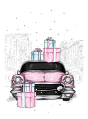 Vintage car on a winter street and Christmas gifts. New Year and Christmas, print on a postcard.