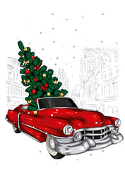 Vintage car on a winter street and a Christmas tree. New Year and Christmas, print on a postcard. 