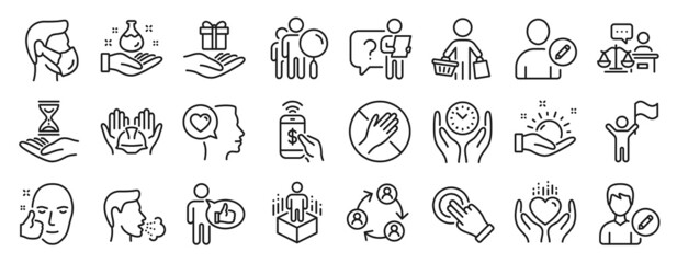 Set of People icons, such as Safe time, Dont touch, Court judge icons. Like, Edit user, Search people signs. Edit person, Chemistry lab, Sunny weather. Hold heart, Teamwork, Builders union. Vector