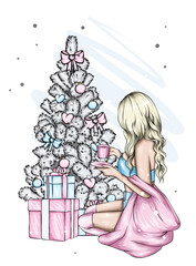 A beautiful girl  in stylish clothes sits near a New Year tree. New year and christmas, fashion and style, clothes and accessories. Vector illustration.