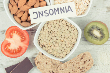 Inscription insomnia with best food as source melatonin and tryptophan. Healthy sleep concept