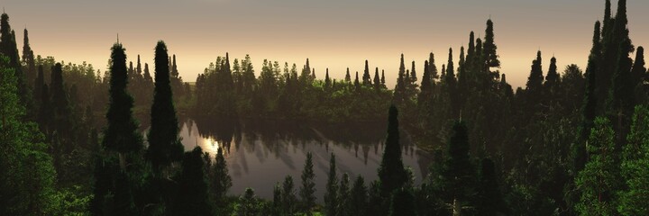 Lake in the Alps, forest lake in the mountains, forest above the water , 3D rendering
