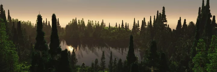 Photo sur Plexiglas Forêt dans le brouillard Lac dans les Alpes, lac forestier dans les montagnes, forêt au-dessus de l& 39 eau, rendu 3D