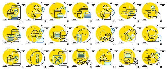 Food delivery line icons. Courier, Deliveryman, Grocery retail. Delivery truck, meal bag, home food order icons. Cart deliver, contactless service, courier location. Fast food package. Vector