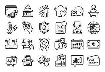 Vector set of Thoughts, Calendar graph and Ice cream line icons set. Calendar report, Money wallet and Credit card tag. Winner cup, Call center and Blood donation icons. Vector