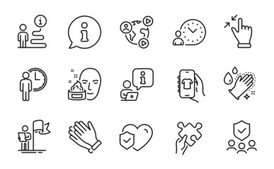 People icons set. Included icon as Washing hands, Shop app, Leadership signs. Security agency, Face cream, Puzzle symbols. Touchscreen gesture, Clapping hands, Video conference. Waiting. Vector
