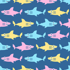 Shark cartoon pattern seamless. Sea predator background. Big fish monster texture. Baby fabric ornament