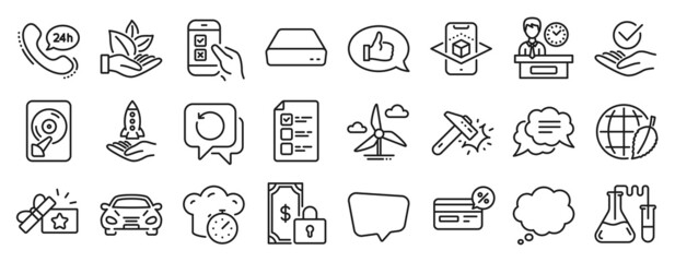 Set of Technology icons, such as Recovery data, Cooking timer, Comic message icons. Augmented reality, Hammer blow, Voting ballot signs. Loyalty gift, Crowdfunding, Mobile survey. Car, Hdd. Vector