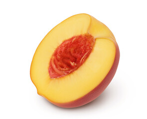 Ripe peach fruit half isolated on white background with clipping path and full depth of field