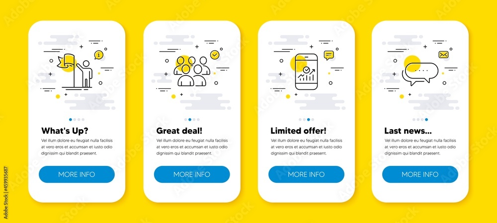 Poster vector set of group, smartphone statistics and leadership line icons set. ui phone app screens with 