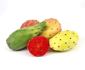 Colorful ripe prickly pears with one of them cut with red pulp.  White background. Opuntia ficus indica is its scientific name.