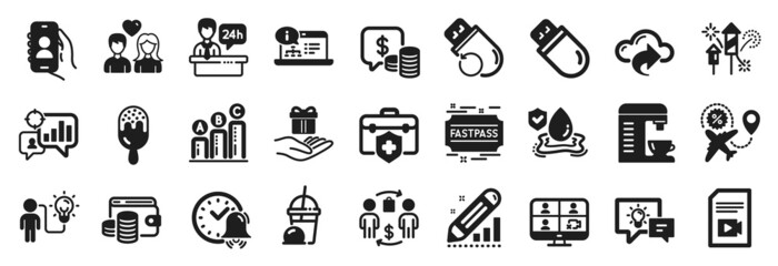 Set of Business icons, such as Flight sale, Video conference, Cloud share icons. Usb stick, Ice cream milkshake, Buying process signs. Seo statistics, Reception desk, Coffee machine. Coins. Vector