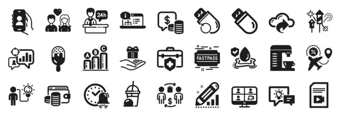Set of Business icons, such as Flight sale, Video conference, Cloud share icons. Usb stick, Ice cream milkshake, Buying process signs. Seo statistics, Reception desk, Coffee machine. Coins. Vector