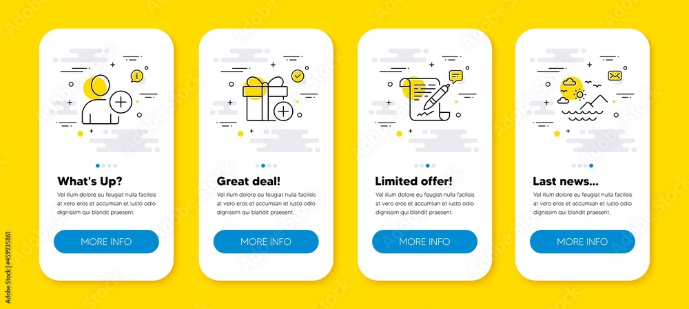 Poster vector set of add gift, add user and agreement document line icons set. ui phone app screens with li