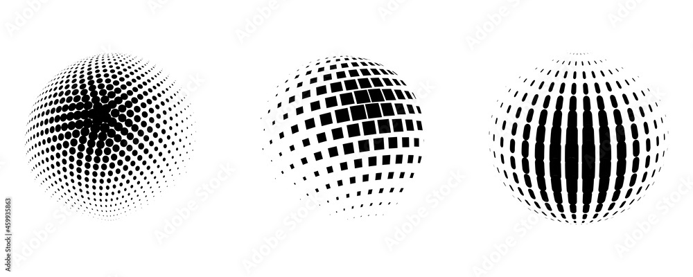 Poster set of vector halftone spheres. dotted circles with black and white gradient. pattern design element