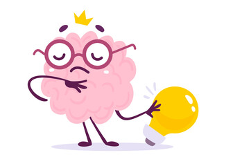 Vector Creative Illustration of Dream Pink Human Brain Character in Glasses on White Background. Flat Style Knowledge Concept Design of Brain and Yellow Light Bulb Idea