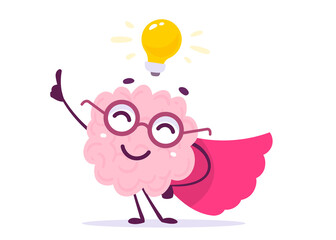 Vector Creative Illustration of Happy Pink Human Brain Character in Glasses with Light Bulb on White Background. Flat Doodle Style Knowledge Concept Design of Happy Brain Super Man