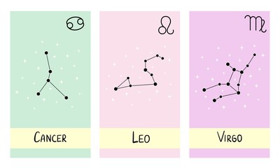 Star constellation zodiac cancer, leo, virgo. Vector illustration for printing, backgrounds, wallpapers, covers, packaging, greeting cards, posters, stickers, textile and seasonal design.