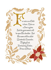 Vintage style vector Christmas card with golden floral border and Bible verse  on white background.