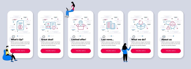 Set of Industrial icons, such as Package location, Technical algorithm, Technical info icons. UI phone app screens with teamwork. Buildings, Return package, Builder warning line symbols. Vector