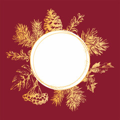 Gold frame Christmas and New Year invitation card. Hand drawn vector illustration of retro wreath on light background. Winter holiday collection