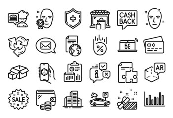 Vector set of Recycle, Sale and Present line icons set. Calendar report, Money wallet and Credit card tag. Medical shield, Face verified and Buildings icons. Vector