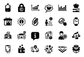 Vector Set of Business icons related to Teamwork chart, Chart and Delivery boxes icons. Parking, Cooler bottle and Food signs. Info, Fireworks stars and Hypoallergenic tested. Buildings. Vector