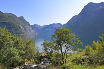 Beautiful green landscape of the Norwegian fiords in summer in the Geiranger region