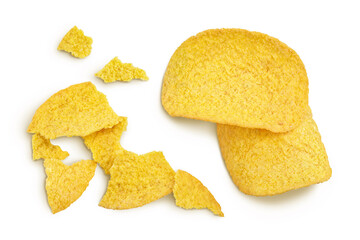 Potato chips isolated on white background with clipping path and full depth of field. Top view. Flat lay.