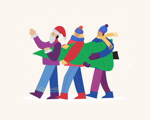 Fototapeta premium Happy people in winter clothes are carrying the New Year tree, getting ready for the Christmas holiday. Vector flat poster