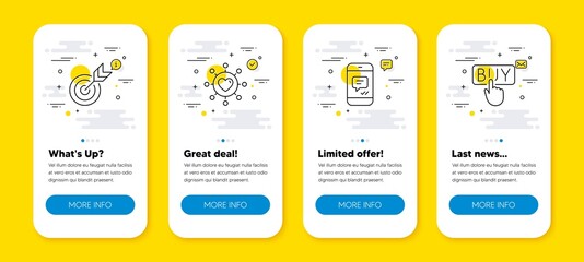 Vector set of Target, Message and Dating network line icons set. UI phone app screens with line icons. Buying icon. Targeting, Phone messenger, Relationships network. E-commerce shopping. Vector