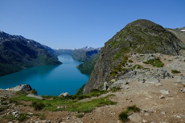 Scenic Besseggen trail in Jotunheimen, Norway - the most beautiful trekking trail in Norway
