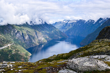 Amazing aerial views of a typical norwegian Fjord from a mountain.