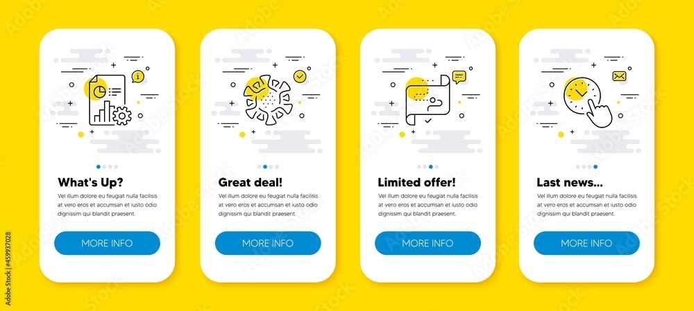 Poster vector set of target path, report and coronavirus line icons set. ui phone app screens with line ico