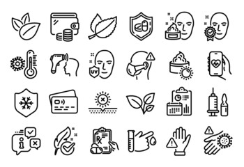 Vector set of Mint leaves, Leaves and Face cream line icons set. Calendar report, Money wallet and Credit card tag. No sun, Sun cream and Electronic thermometer icons. Vector