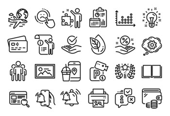 Vector set of Alarm clock, Manual doc and Dislike line icons set. Calendar report, Money wallet and Credit card tag. Strategy, Cogwheel and Organic product icons. Vector