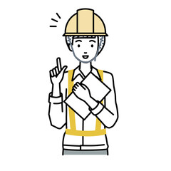 立って書類を手に持って何かひらめいた工事現場の女性