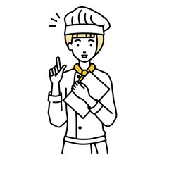 立って書類を手に持って何かひらめいた調理師の女性