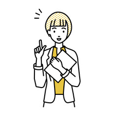 立って書類を手に持って何かひらめいたジャケットの女性