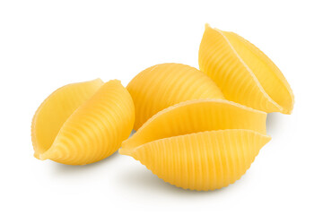 Uncooked dried conchiglie. Raw organic shell pasta isolated on white bachground with clipping path and full depth of field