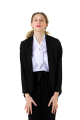Portrait of surprised girl in elegant black suit