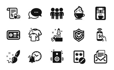 Vector set of Coffee maker, Safe box and Group icons simple set. Confirmed, Medical prescription and Clean t-shirt icons. Paint brush, Medical tablet and Innovation signs. Vector