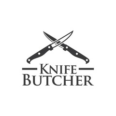 
Vintage Retro Butcher shop label logo design with crossed cleavers.