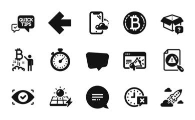 Vector set of Solar panels, Search document and Left arrow icons simple set. Text message, Timer and Quick tips icons. Seo marketing, Chat message and Smartphone cloud signs. Vector