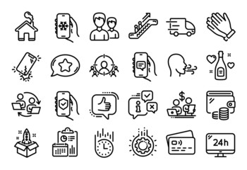 Vector set of Couple, Love champagne and Startup line icons set. Calendar report, Money wallet and Credit card tag. 24h service, Fast delivery and Truck delivery icons. Vector