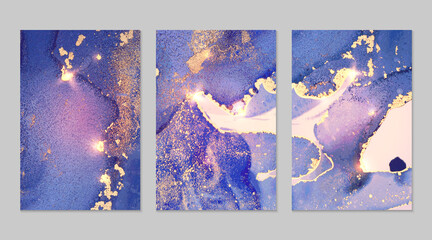 Marble set of gold, purple and light blue backgrounds with texture. Geode pattern with glitter. Abstract vector backdrops in fluid art alcohol ink technique. Modern paint with sparkles for flyers