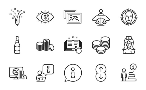 Line icons set. Included icon as Nurse, Face detect, Photo album signs. Tips, Online shopping, Inspiration symbols. Beer bottle, Business vision, Banking money. Court judge, Scroll down. Vector