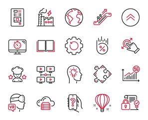 Vector Set of Technology icons related to Escalator, Electricity factory and Best chef icons. Seo timer, Cloud server and World planet signs. 5g statistics, Coffee vending and Help app. Vector