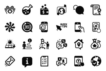 Vector Set of Technology icons related to Discounts chat, E-mail and Reject certificate icons. Chemistry lab, Messenger and Bitcoin project signs. Swipe up, Quick tips and Interview. Vector