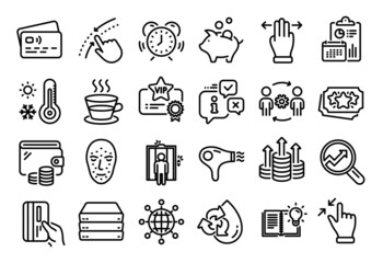 Vector set of Recycle water, Face biometrics and Servers line icons set. Calendar report, Money wallet and Credit card tag. Loyalty points, Hair dryer and Analytics icons. Vector